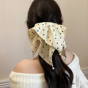 Pince à Cheveux Grand Nœud en Mousseline Douce pour Femmes Imprimé Cœur Pois Accessoires Cheveux Avec Pendentif Künstliche Perle Élégant