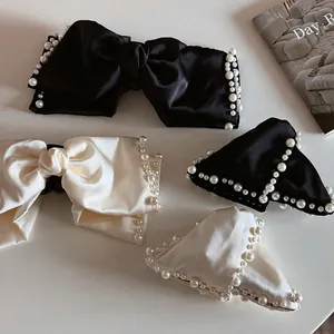 Vintage Satin Bow Hair Claw Clip With Artificial Pearl Embellishment Retro Triangle Ribbon Ponytail Hair Clip For Women Elegant Hair Accessories
