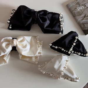 Vintage satin bow hair claws with pearl trim in black and cream white colors