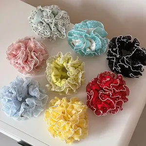 Chouchou à Pois et Volants Style Français en Tissu Grand Chouchou Plissé Doux Accessoires de Coiffure pour Femmes Filles
