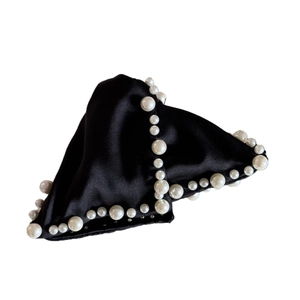 Vintage black satin hair claw with pearl trim and elegant triangular bow design