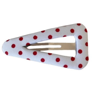 Sweet white teardrop hair clip with red polka dots and textured fabric finish