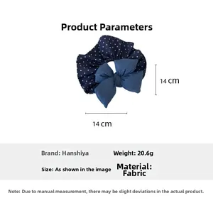 Detailed size parameters of 14cm denim blue polka dot bow scrunchie fabric hair tie