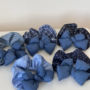 5-piece set of blue denim style scrunchies with stripes, plaid, stars and polka dots bows