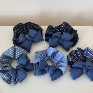5-piece set of blue denim style cotton scrunchies with cute bow accents and diverse patterns