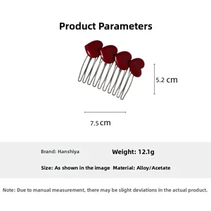 Detailed size specifications for red heart acetate hair comb measuring 7.5cm by 5.2cm