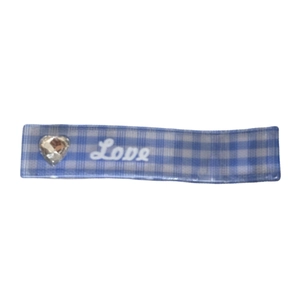 Barrette à cheveux à carreaux bleus et blancs avec strass en cœur et texte Love décoratif