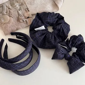 Vintage Blue Black Gingham Padded Headband For Women Cloth Plaid Sponge Hair Hoop Bow Scrunchie Hair Accessories Set