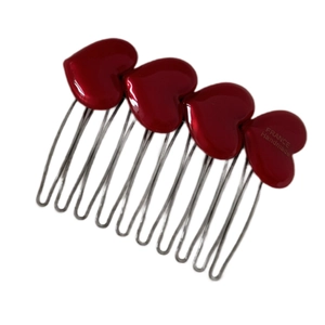 French style red heart hair comb with four glossy heart accents and silver metal teeth