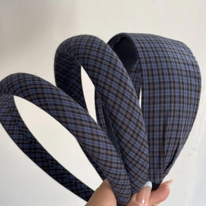 Blue and black plaid sponge headband with padded vintage texture for high crown hair