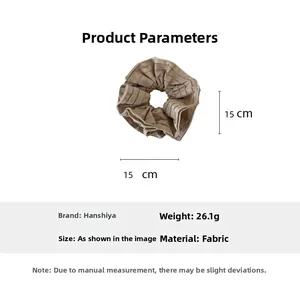 Detailed size chart of a 15cm striped beige fabric scrunchie with 26.1g weight display