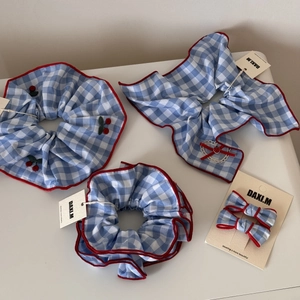 Blue plaid scrunchies and bow clips set with red piping and sweet cherry embroidery