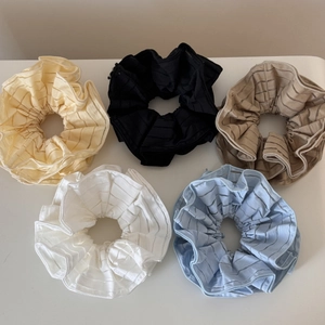 Set of five large striped mesh scrunchies in yellow, black, khaki, white and blue