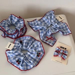 Blue and white plaid hair scrunchie set with red edges and sweet cherry embroidery detail
