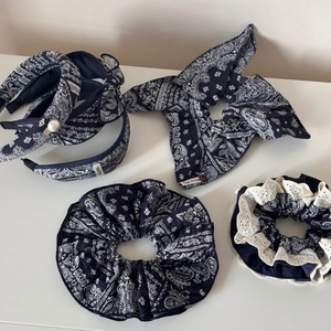 Navy blue paisley hair accessory set with lace scrunchies and pearl bow headband