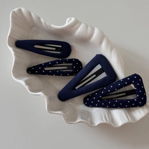 Set of 4 navy blue polka dot and solid fabric triangular drop hair clips for women