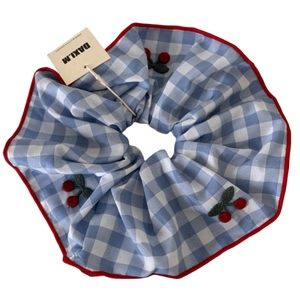 Blue and white plaid scrunchie with cherry embroidery and red piping for low ponytails
