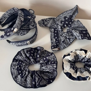 Navy blue paisley scrunchies and headbands set with vintage lace and pearl accents