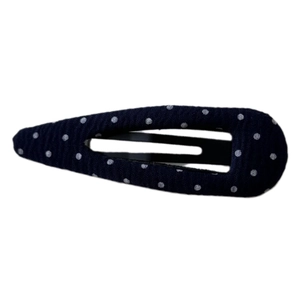 Navy blue fabric polka dot snap hair clip with a classic minimalist waterdrop design