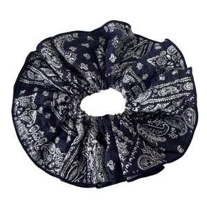 Navy blue vintage paisley print scrunchie with lace texture and elastic hair tie