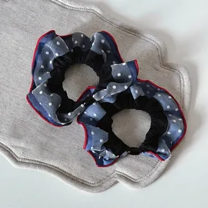 Sweet Polka Dot Mesh Scrunchies For Women Korean Style Ruffled Hair Tie With Contrast Red Edging Ponytail Holder Hair Accessories