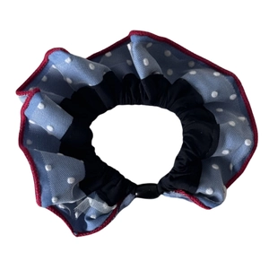 Polka dot denim blue scrunchie with red piping and mesh fabric for casual hair styling