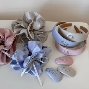 Ensemble de Chouchou Serre-tête et Barrette en Satin Style Coréen Bord Argenté Broderie Élégants Accessoires Cheveux Femme