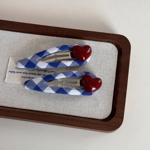 Sweet Blue White Gingham Fabric Wrapped Snap Hair Clips Vintage Red Heart Pattern For Women Girls Fashion Hair Accessories