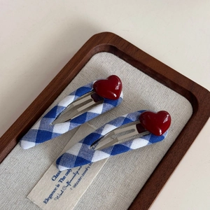 Sweet blue and white plaid BB hair clips with red heart resin accents for women