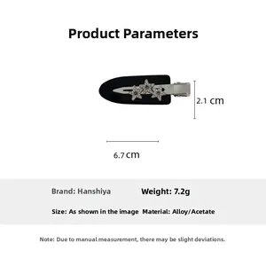 Detailed product size chart showing the 6.7cm acetate hair clip with star rhinestones