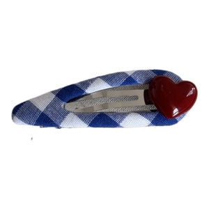 Blue and white checkered fabric hair clip with red heart embellishment and BB clip