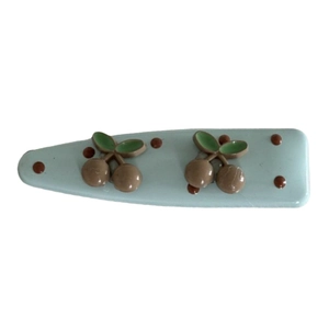 Barrette à cheveux vert menthe avec cerises marron et pois pour coiffure fille