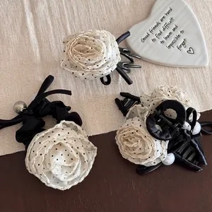 Elegant Off-White Rose Hair Claw For Women Polka Dot Mesh Bow Hair Clip French Vintage Artificial Pearl Floral Hair Accessories