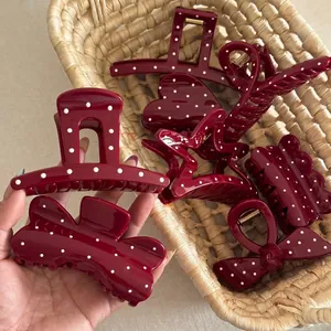 Burgundy Polka Dot Hair Claw Clip For Women French Retro Style Plastic Resin Large Non-Slip Grip Hair Accessory Elegant Ponytail Holder Shark Clip
