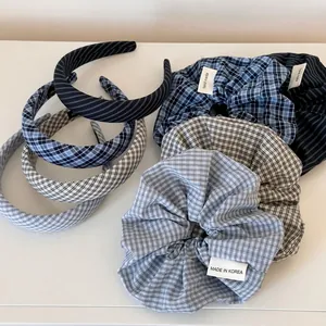 Korean Style Fabric Grid Stripe Scrunchie Padded Headband Retro Hair Accessories For Women Daily Hair Ties Headband