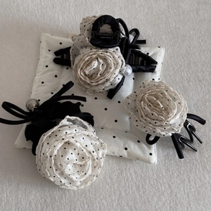 Polka dot cream rose hair clip set with pearl details for elegant ponytail styling