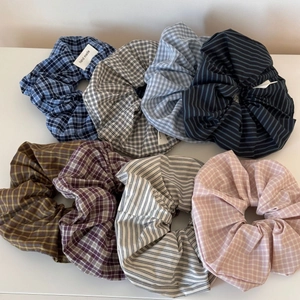 Set of 8 blue sea salt style oversized plaid scrunchies for elegant ponytail styling