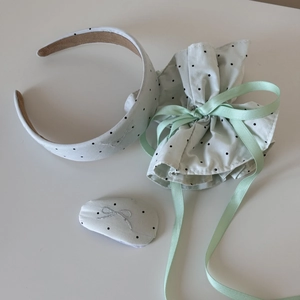 Chic hair accessory set with polka dot embroidery and ribbon drawstring pouch