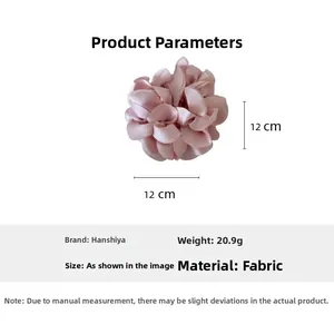 Pink satin hydrangea floral hair scrunchie dimensions and 20.9g weight detail view