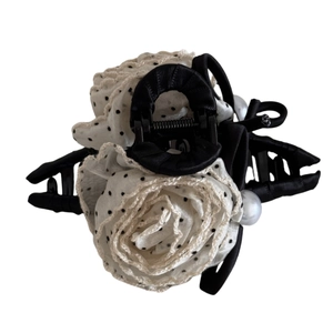 Polka dot cream rose hair claw clip with black lace and elegant pearl detail