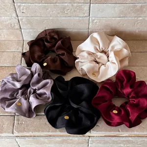 Korean Style Oversized Satin Texture Fabric Scrunchie Pleated Hair Tie Elegant Ponytail Elastic Band With Gold Metal Logo For Women