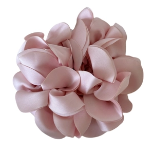 Elegant pink satin hydrangea flower scrunchie with silky petals for women