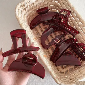 Minimalist Wine Red Transparent Hair Claw Clip For Women Elegant Large Resin Shark Clip Hair Accessories Daily Use