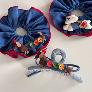 Mignon Chien Teckel Dessin Animé Chouchou Pince à Cheveux pour Femmes Filles Bleu Tissu Accessoires Cheveux Avec Décor de Bouton