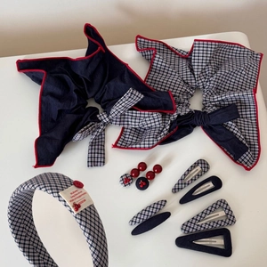 Navy blue plaid hair clip set with oversized bow scrunchies and fabric headband