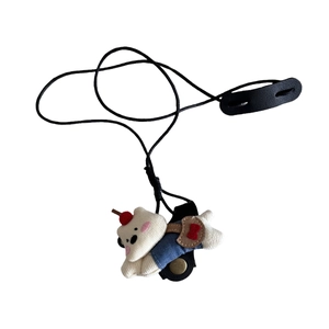 Cute white bear plush sunglasses holder necklace with black lanyard and blue clothing