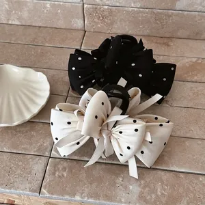 Pince à Cheveux Vintage Française Nœud à Pois Grande Pince Crabe en Tissu Satiné à Plusieurs Couches Accessoire Cheveux Élégant Femme