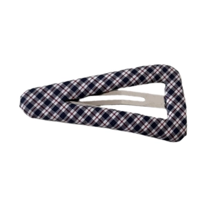 Navy plaid triangle hair clip with classic check pattern fabric and silver metal base