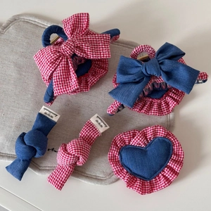 Denim and red plaid bow hair claw clip set with handmade heart and knot accessories