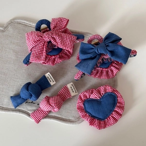 Handmade Denim Red Gingham Bowknot Hair Clip Korean Style Patchwork Heart Pattern Claw Clip Duckbill Clip Hair Accessories